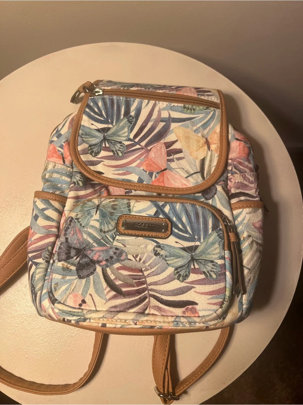 Rosetti Pastel Floral & Butterfly Mini Backpack with Tan Trim